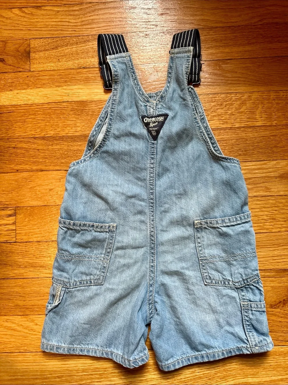 OshKosh Bgosh Denim Shorts Overalls Unisex 2T With Pockets Adjustable Straps